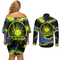 Abstract Blue and Yellow Bowling Ball Strike Design Couples Matching Off Shoulder Short Dress and Long Sleeve Button Shirt with Custom Name Print - Wonder Print Shop