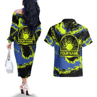 Abstract Blue and Yellow Bowling Ball Strike Design Couples Matching Off The Shoulder Long Sleeve Dress and Hawaiian Shirt with Custom Name Print - Wonder Print Shop