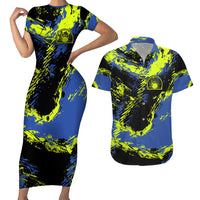 Abstract Blue and Yellow Bowling Ball Strike Design Couples Matching Short Sleeve Bodycon Dress and Hawaiian Shirt with Custom Name Print - Wonder Print Shop