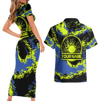 Abstract Blue and Yellow Bowling Ball Strike Design Couples Matching Short Sleeve Bodycon Dress and Hawaiian Shirt with Custom Name Print - Wonder Print Shop