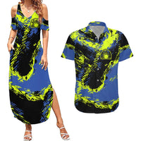 Abstract Blue and Yellow Bowling Ball Strike Design Couples Matching Summer Maxi Dress and Hawaiian Shirt with Custom Name Print - Wonder Print Shop