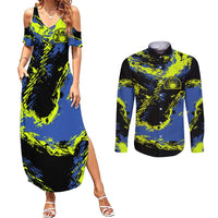 Abstract Blue and Yellow Bowling Ball Strike Design Couples Matching Summer Maxi Dress and Long Sleeve Button Shirt with Custom Name Print - Wonder Print Shop
