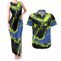 Abstract Blue and Yellow Bowling Ball Strike Design Couples Matching Tank Maxi Dress and Hawaiian Shirt with Custom Name Print - Wonder Print Shop