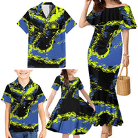 Abstract Blue and Yellow Bowling Ball Strike Design Family Matching Mermaid Dress and Hawaiian Shirt with Custom Name Print - Wonder Print Shop