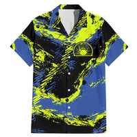 Abstract Blue and Yellow Bowling Ball Strike Design Family Matching Mermaid Dress and Hawaiian Shirt with Custom Name Print - Wonder Print Shop