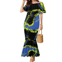 Abstract Blue and Yellow Bowling Ball Strike Design Family Matching Mermaid Dress and Hawaiian Shirt with Custom Name Print - Wonder Print Shop