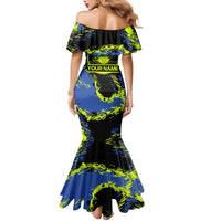 Abstract Blue and Yellow Bowling Ball Strike Design Family Matching Mermaid Dress and Hawaiian Shirt with Custom Name Print - Wonder Print Shop