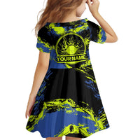 Abstract Blue and Yellow Bowling Ball Strike Design Family Matching Off The Shoulder Long Sleeve Dress and Hawaiian Shirt with Custom Name Print - Wonder Print Shop