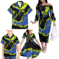Abstract Blue and Yellow Bowling Ball Strike Design Family Matching Off The Shoulder Long Sleeve Dress and Hawaiian Shirt with Custom Name Print - Wonder Print Shop