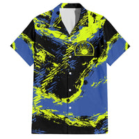 Abstract Blue and Yellow Bowling Ball Strike Design Family Matching Off The Shoulder Long Sleeve Dress and Hawaiian Shirt with Custom Name Print - Wonder Print Shop