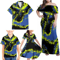 Abstract Blue and Yellow Bowling Ball Strike Design Family Matching Off Shoulder Maxi Dress and Hawaiian Shirt with Custom Name Print - Wonder Print Shop