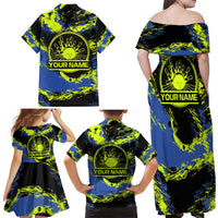 Abstract Blue and Yellow Bowling Ball Strike Design Family Matching Off Shoulder Maxi Dress and Hawaiian Shirt with Custom Name Print - Wonder Print Shop
