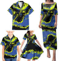 Abstract Blue and Yellow Bowling Ball Strike Design Family Matching Puletasi and Hawaiian Shirt with Custom Name Print - Wonder Print Shop