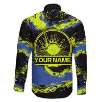 Abstract Blue and Yellow Bowling Ball Strike Design Family Matching Puletasi and Hawaiian Shirt with Custom Name Print - Wonder Print Shop