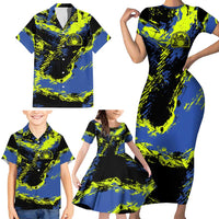 Abstract Blue and Yellow Bowling Ball Strike Design Family Matching Short Sleeve Bodycon Dress and Hawaiian Shirt with Custom Name Print - Wonder Print Shop