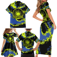 Abstract Blue and Yellow Bowling Ball Strike Design Family Matching Short Sleeve Bodycon Dress and Hawaiian Shirt with Custom Name Print - Wonder Print Shop