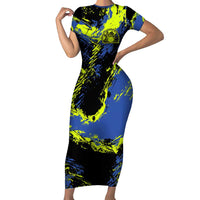 Abstract Blue and Yellow Bowling Ball Strike Design Family Matching Short Sleeve Bodycon Dress and Hawaiian Shirt with Custom Name Print - Wonder Print Shop