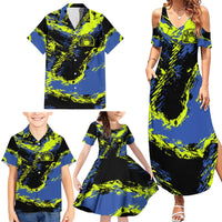 Abstract Blue and Yellow Bowling Ball Strike Design Family Matching Summer Maxi Dress and Hawaiian Shirt with Custom Name Print - Wonder Print Shop
