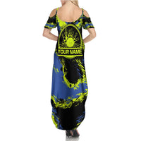 Abstract Blue and Yellow Bowling Ball Strike Design Family Matching Summer Maxi Dress and Hawaiian Shirt with Custom Name Print - Wonder Print Shop