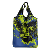 Abstract Blue and Yellow Bowling Ball Strike Design Grocery Bag with Custom Name Print - Wonder Print Shop