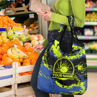 Abstract Blue and Yellow Bowling Ball Strike Design Grocery Bag with Custom Name Print - Wonder Print Shop