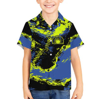 Abstract Blue and Yellow Bowling Ball Strike Design Hawaiian Shirt with Custom Name Print - Wonder Print Shop