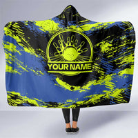 Abstract Blue and Yellow Bowling Ball Strike Design Hooded Blanket with Custom Name Print - Wonder Print Shop