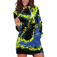 Abstract Blue and Yellow Bowling Ball Strike Design Hoodie Dress with Custom Name Print - Wonder Print Shop
