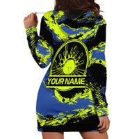 Abstract Blue and Yellow Bowling Ball Strike Design Hoodie Dress with Custom Name Print - Wonder Print Shop