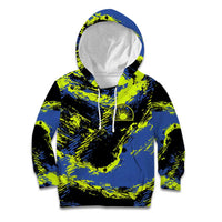 Abstract Blue and Yellow Bowling Ball Strike Design Kid Hoodie with Custom Name Print - Wonder Print Shop