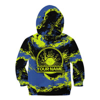Abstract Blue and Yellow Bowling Ball Strike Design Kid Hoodie with Custom Name Print - Wonder Print Shop
