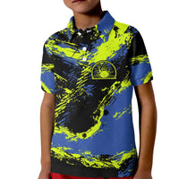 Abstract Blue and Yellow Bowling Ball Strike Design Kid Polo Shirt with Custom Name Print - Wonder Print Shop