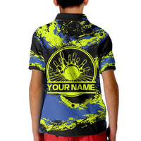 Abstract Blue and Yellow Bowling Ball Strike Design Kid Polo Shirt with Custom Name Print - Wonder Print Shop