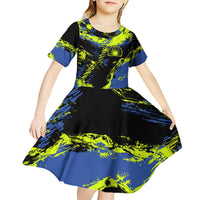Abstract Blue and Yellow Bowling Ball Strike Design Kid Short Sleeve Dress with Custom Name Print - Wonder Print Shop