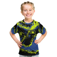 Abstract Blue and Yellow Bowling Ball Strike Design Kid T Shirt with Custom Name Print - Wonder Print Shop