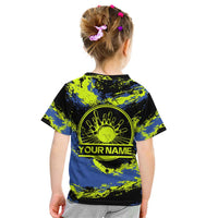 Abstract Blue and Yellow Bowling Ball Strike Design Kid T Shirt with Custom Name Print - Wonder Print Shop