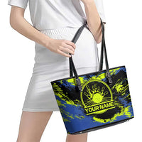 Abstract Blue and Yellow Bowling Ball Strike Design Leather Tote Bag with Custom Name Print - Wonder Print Shop