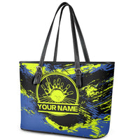 Abstract Blue and Yellow Bowling Ball Strike Design Leather Tote Bag with Custom Name Print - Wonder Print Shop