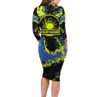 Abstract Blue and Yellow Bowling Ball Strike Design Long Sleeve Bodycon Dress with Custom Name Print - Wonder Print Shop