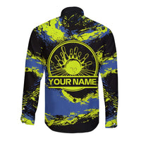 Abstract Blue and Yellow Bowling Ball Strike Design Long Sleeve Button Shirt with Custom Name Print - Wonder Print Shop