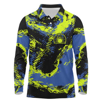 Abstract Blue and Yellow Bowling Ball Strike Design Long Sleeve Polo Shirt with Custom Name Print - Wonder Print Shop