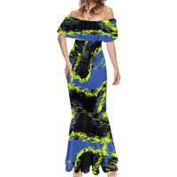 Abstract Blue and Yellow Bowling Ball Strike Design Mermaid Dress with Custom Name Print - Wonder Print Shop