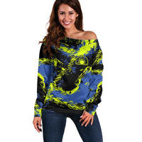Abstract Blue and Yellow Bowling Ball Strike Design Off Shoulder Sweater with Custom Name Print - Wonder Print Shop