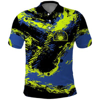 Abstract Blue and Yellow Bowling Ball Strike Design Polo Shirt with Custom Name Print - Wonder Print Shop