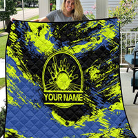 Abstract Blue and Yellow Bowling Ball Strike Design Quilt with Custom Name Print - Wonder Print Shop