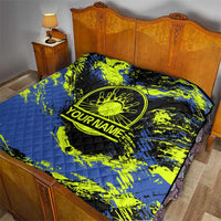 Abstract Blue and Yellow Bowling Ball Strike Design Quilt with Custom Name Print - Wonder Print Shop