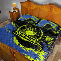 Abstract Blue and Yellow Bowling Ball Strike Design Quilt Bed Set with Custom Name Print - Wonder Print Shop