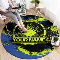 Abstract Blue and Yellow Bowling Ball Strike Design Round Carpet with Custom Name Print - Wonder Print Shop
