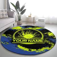 Abstract Blue and Yellow Bowling Ball Strike Design Round Carpet with Custom Name Print - Wonder Print Shop