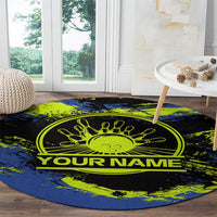 Abstract Blue and Yellow Bowling Ball Strike Design Round Carpet with Custom Name Print - Wonder Print Shop